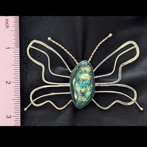 Lg BUTTERFLY Iridescent Green Dichroic RULA GLASS 925 Sterling Silver PIN Brooch - Picture 2 of 4